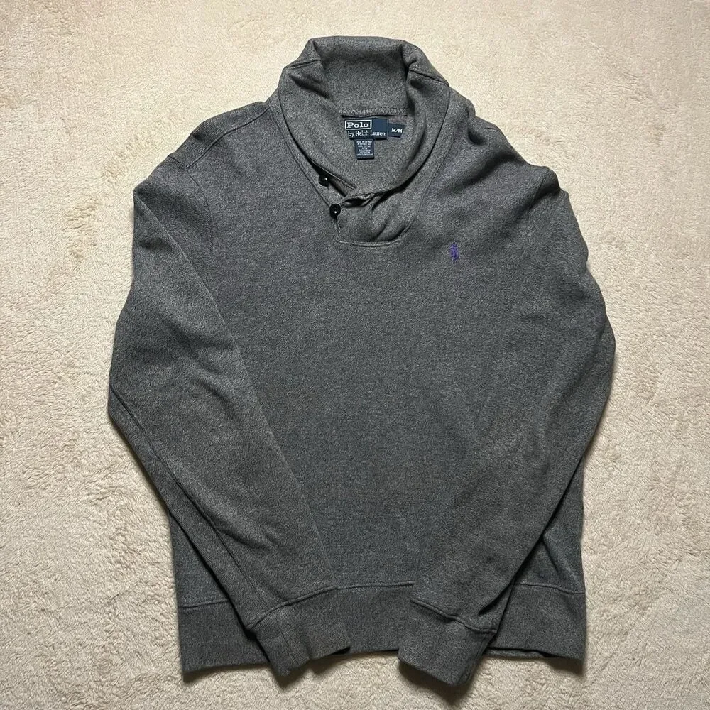 Vintage Polo Ralph Lauren Shawl Collar Sweater Grey Size M Preppy Cocktail 90s